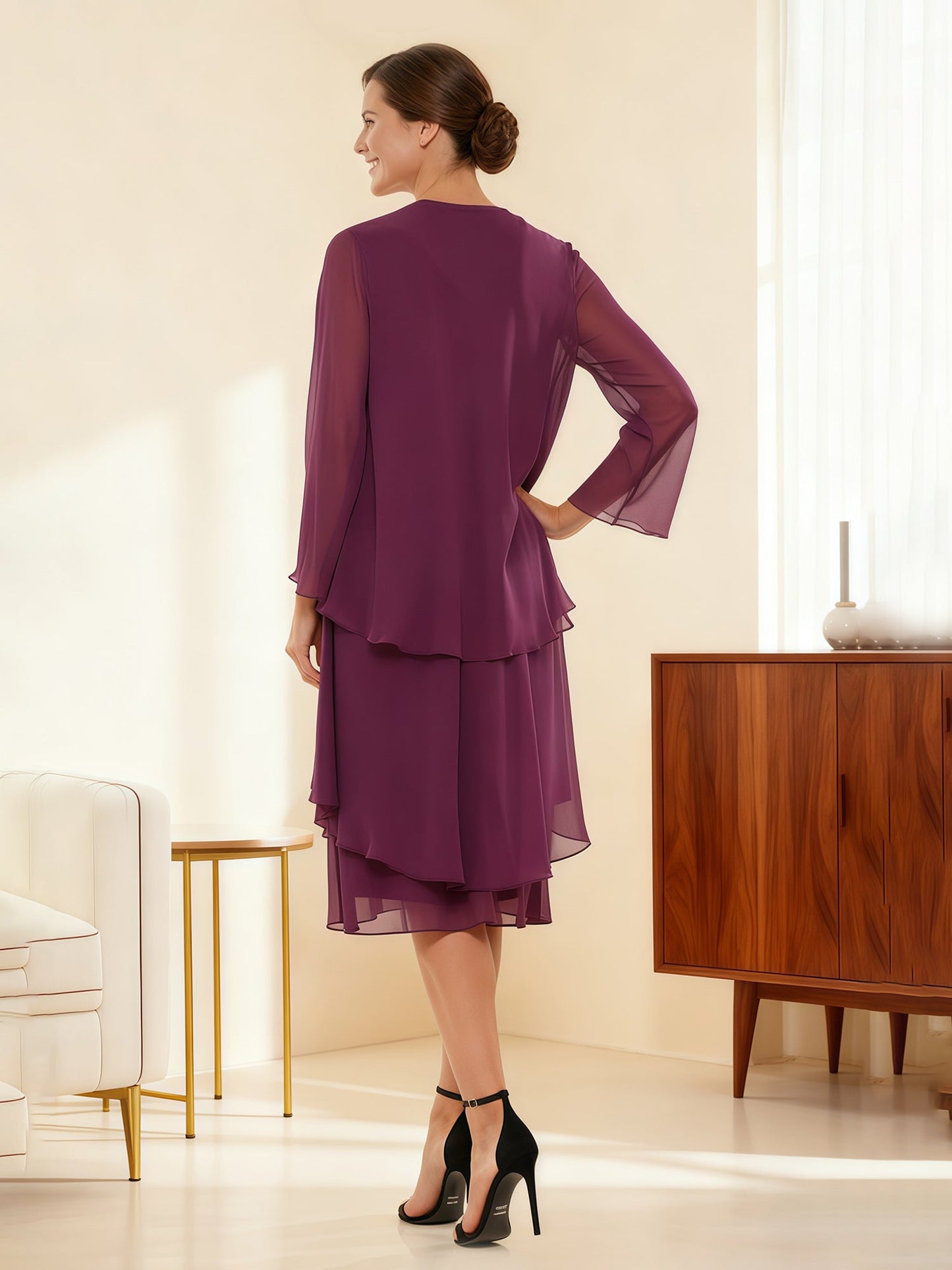 Two-Piece Sheer Sleeve Occasion Ensemble Mulberry