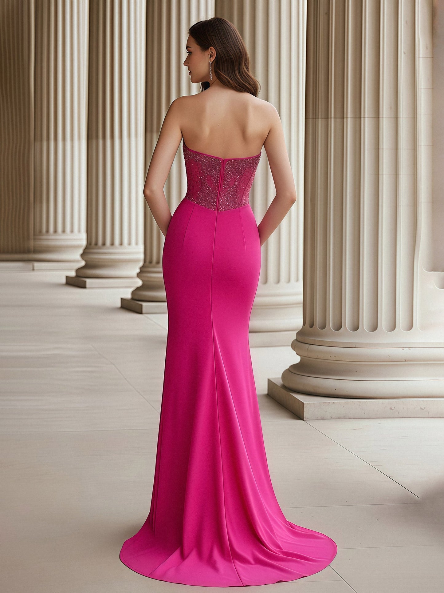Strapless Beaded Corset Sheath Gown With Slit Fuchsia