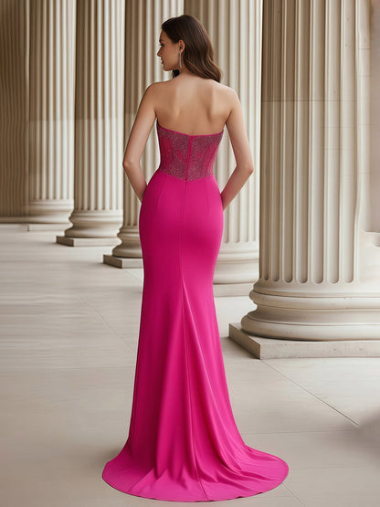 Strapless Beaded Corset Sheath Gown With Slit Fuchsia