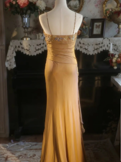 Elegant Ginger Yellow Mermaid V-neck Beaded Embroidered Satin Prom Dress Evening Dress cc5383