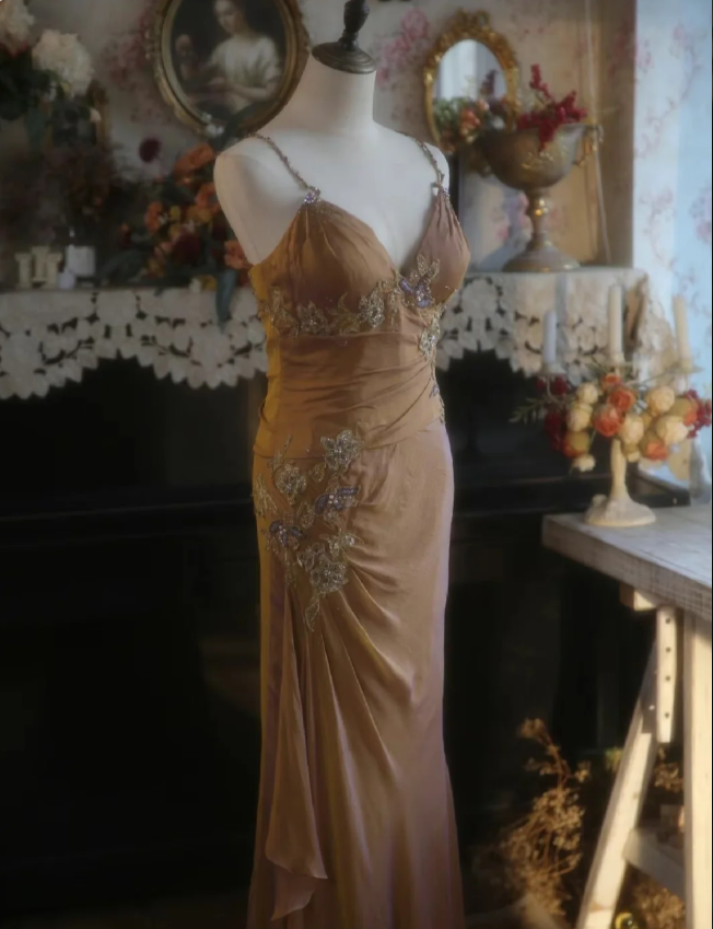 Elegant Ginger Yellow Mermaid V-neck Beaded Embroidered Satin Prom Dress Evening Dress cc5383