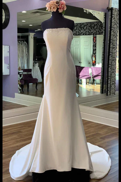 Aimishang White Beaded Satin Strapless Mermaid Long Wedding Dress