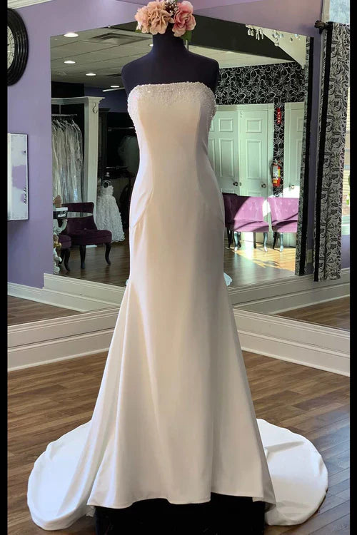 Aimishang White Beaded Satin Strapless Mermaid Long Wedding Dress