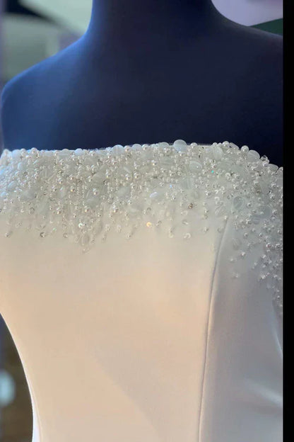 Aimishang White Beaded Satin Strapless Mermaid Long Wedding Dress