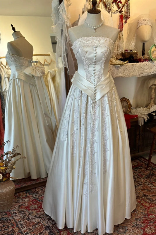 Retro Court Style Cream Satin Lace Strapless Gown - Wedding & Retro Theme Dinner Dress gh6563