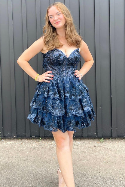 Light Blue Sequin Lace Corset Bodice Tiered Homecoming Dress
