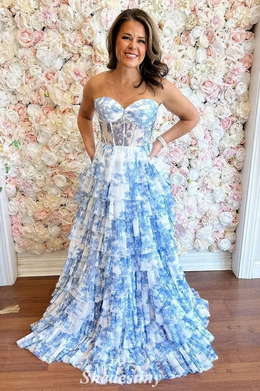 Dreamy Floral Print Blue A-Line Tiered Ruffles Prom Dress