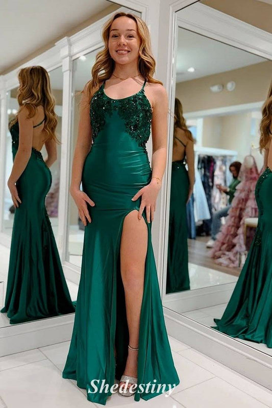 Beading Applique Hunter Green Mermaid Prom Dress with Backless
