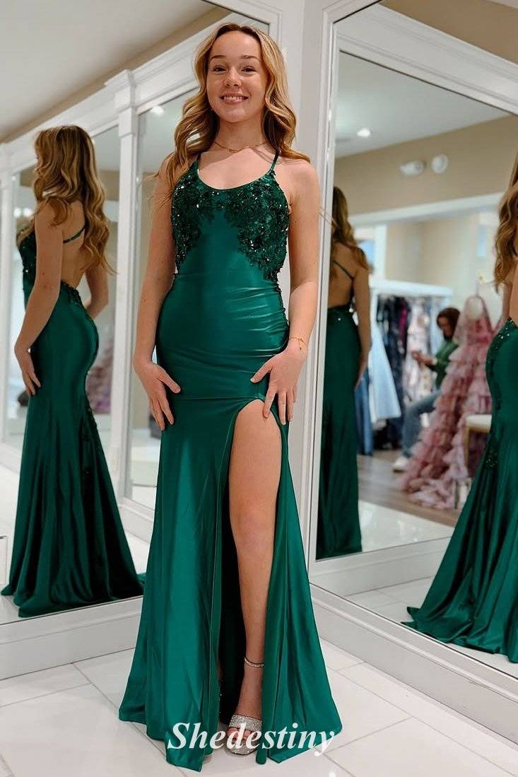 Beading Applique Hunter Green Mermaid Prom Dress with Backless
