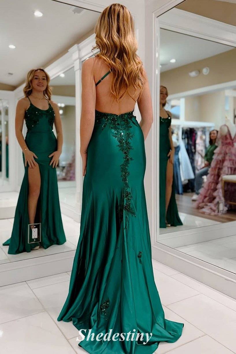 Beading Applique Hunter Green Mermaid Prom Dress with Backless