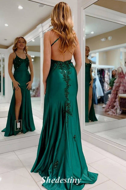Beading Applique Hunter Green Mermaid Prom Dress with Backless