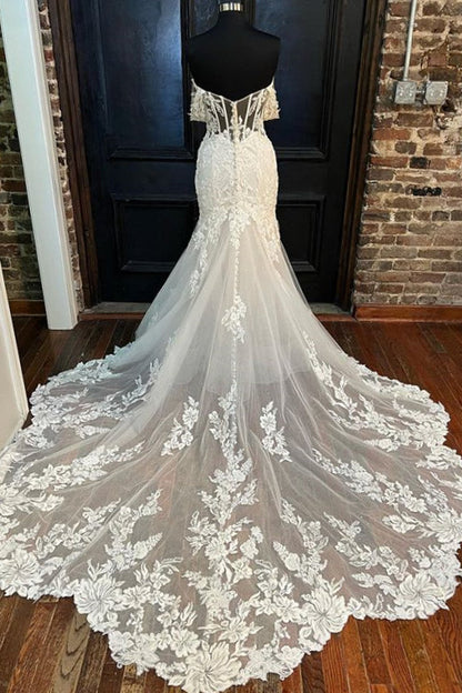 Beige Appliques Off-the-Shoulder Trumpet Long Wedding Dress