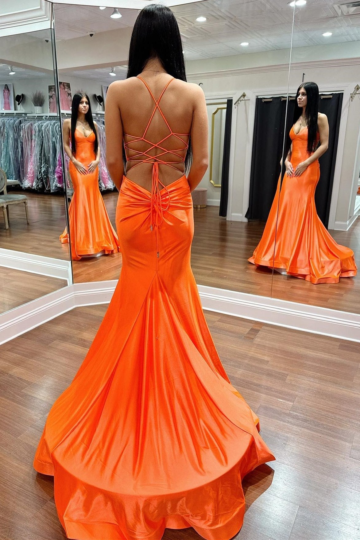 Gold V-Neck Lace-Up Trumpet Long Formal Dress