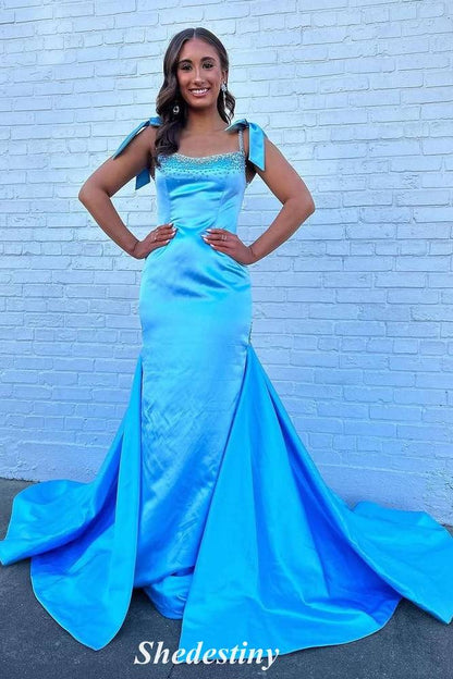 Rhinestone Straps Mermaid Light Pink Prom Dress with Train