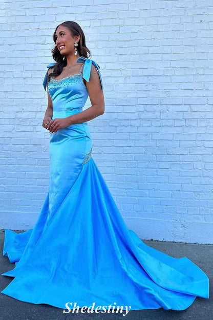 Rhinestone Straps Mermaid Light Pink Prom Dress with Train