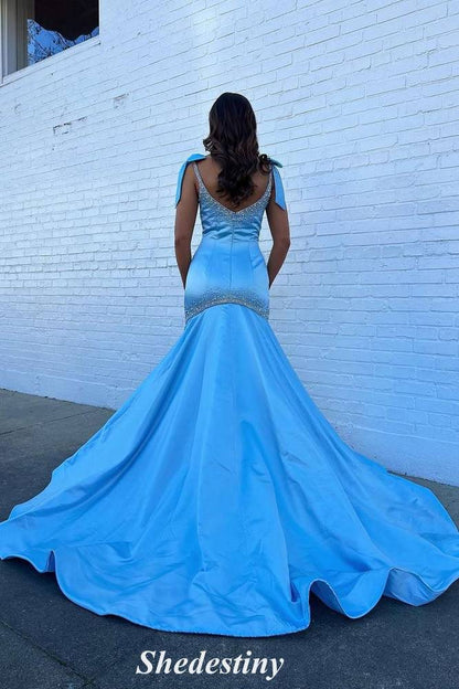 Rhinestone Straps Mermaid Light Pink Prom Dress with Train