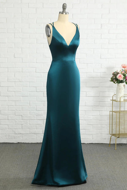 Elegant Teal Blue V-Neck Lace-Up Mermaid Bridesmaid Dress