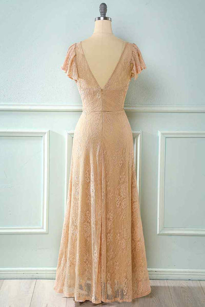 Royal Blue Lace Backless Cap Sleeve Bridesmaid Dress