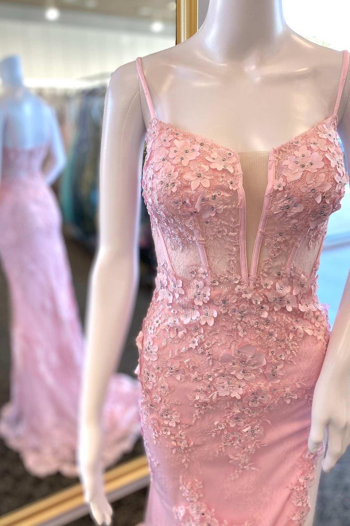 Pink Floral Lace Split Neck Mermaid Long Prom Dress with Slit