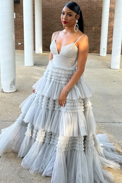 Black Tulle Multi-Tiered V-Neck Long Prom Dress
