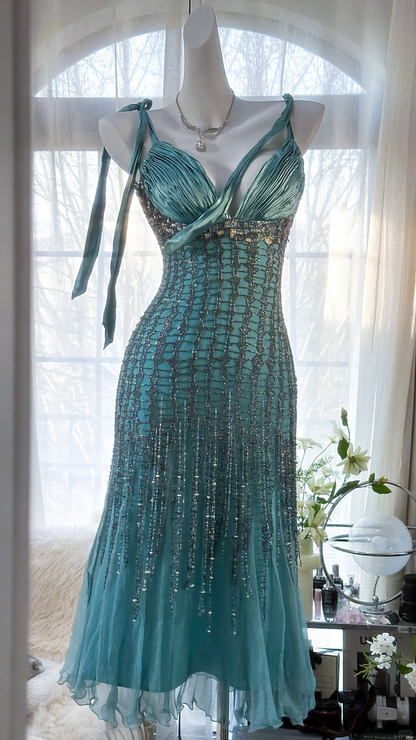 Elegant Blue Sparkling Beaded Spaghetti Strap V-neck Romantic Chiffon Evening Dress Prom Dresses HZ1024