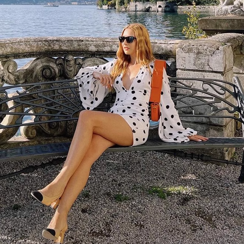 New Fashion V-neck Spot Design A-line Long-sleeved Women Party Dress HZ1024