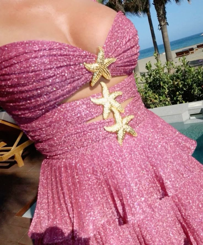 Glitter Sequins Sleeveless Mini Cocktail Dress Hot Pink Layered A Line 8th Grade Homecoming Dress cc3294