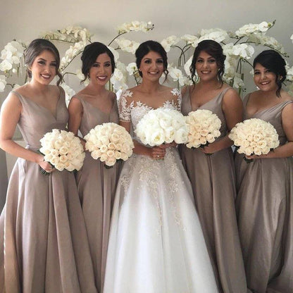 Deep V-neck Long Satin See Through Back Bridesmaid Dresses - RongMoon