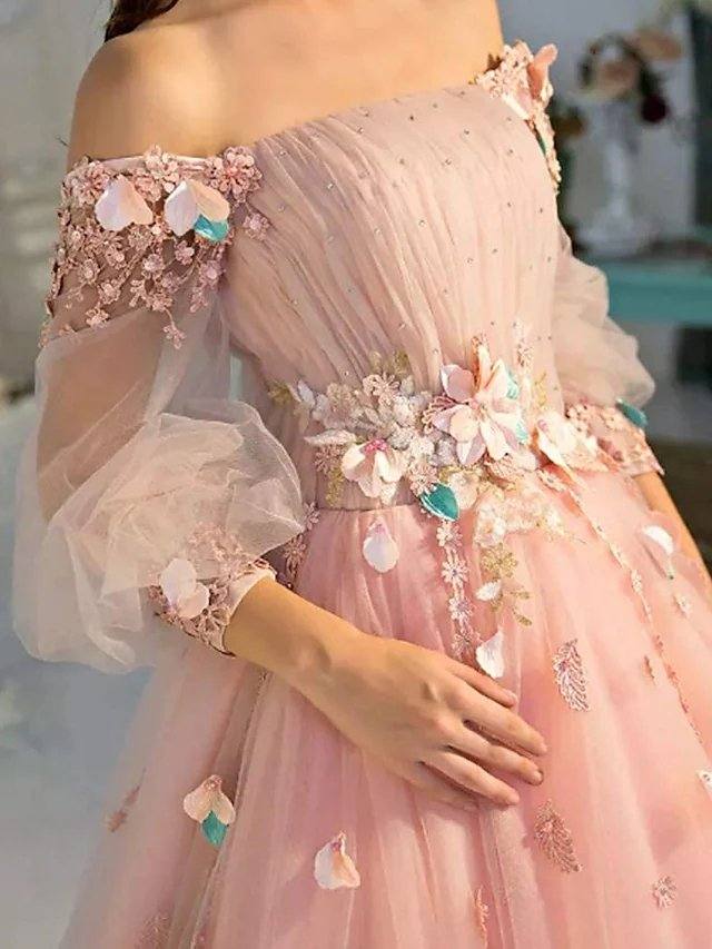 Ball Gown Elegant Floral Quinceanera Prom Dress Off Shoulder Long Sleeve Floor Length Tulle with Pleats Appliques - RongMoon