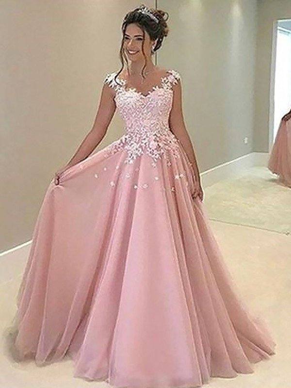 A-Line/Princess Sweetheart Sleeveless Floor-Length Applique Tulle Dresses - RongMoon