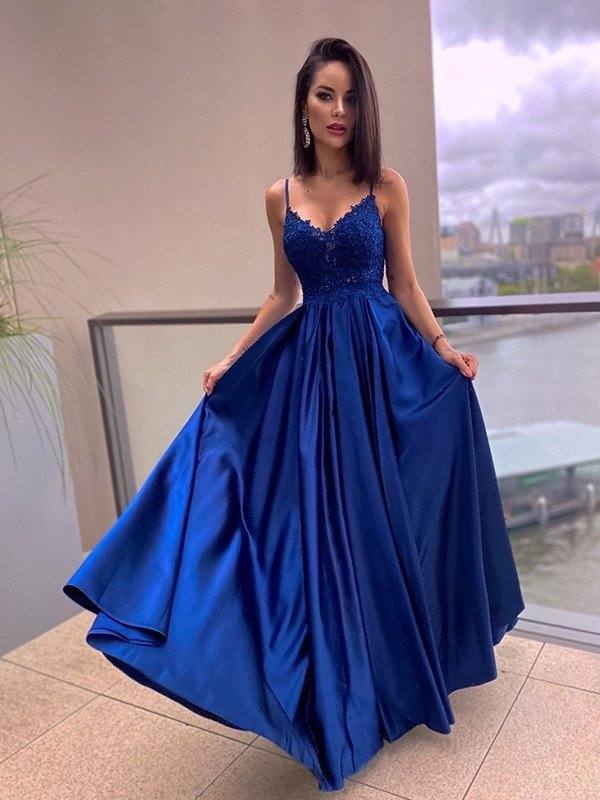 A-Line/Princess Applique Spaghetti Straps Satin Sleeveless Floor-Length Dresses - RongMoon