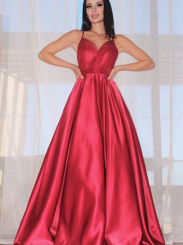 A-Line/Princess Sleeveless Ruffles V-neck Satin Floor-Length Dresses - RongMoon