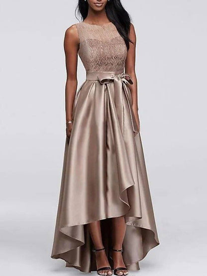 A-Line Mother of the Bride Dress Elegant Jewel Neck Asymmetrical Satin Sleeveless with Bow(s) - RongMoon