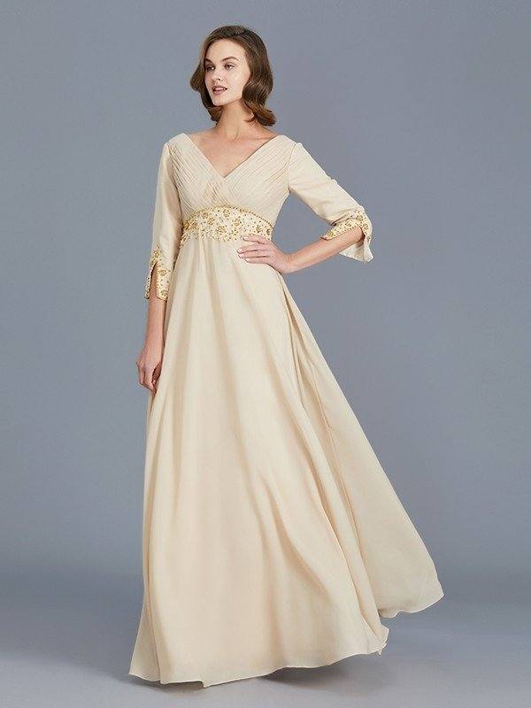 A-Line/Princess V-neck Ruffles Chiffon Floor-Length Mother of the Bride Dresses - RongMoon