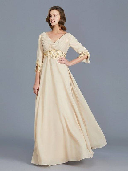 A-Line/Princess V-neck Ruffles Chiffon Floor-Length Mother of the Bride Dresses - RongMoon