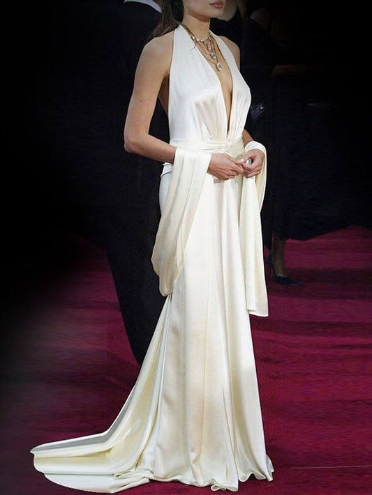 Sheath / Column Celebrity Style Sexy Engagement Formal Evening Dress V Neck Sleeveless Court Train Charmeuse with Pleats - RongMoon