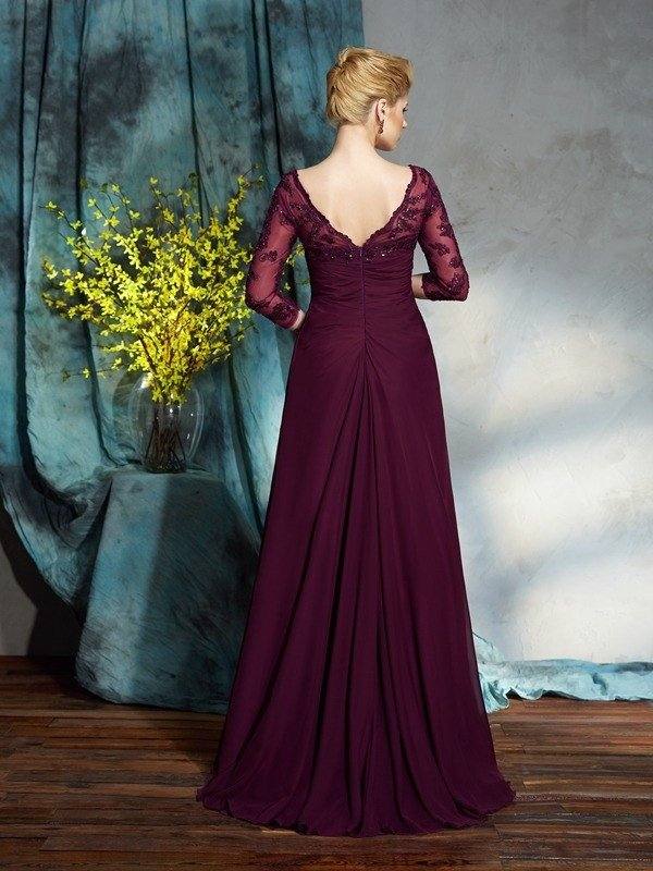 A-Line/Princess V-neck Beading 3/4 Sleeves Long Chiffon Mother of the Bride Dresses - RongMoon