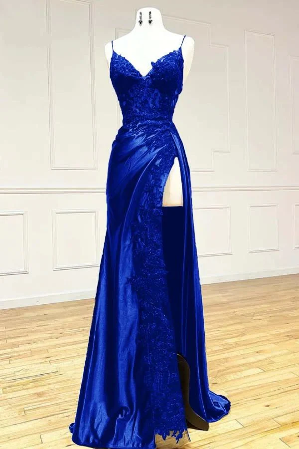Elegant Burgundy Satin Appliques Evening Dress Slit Prom Party Dress cc1795
