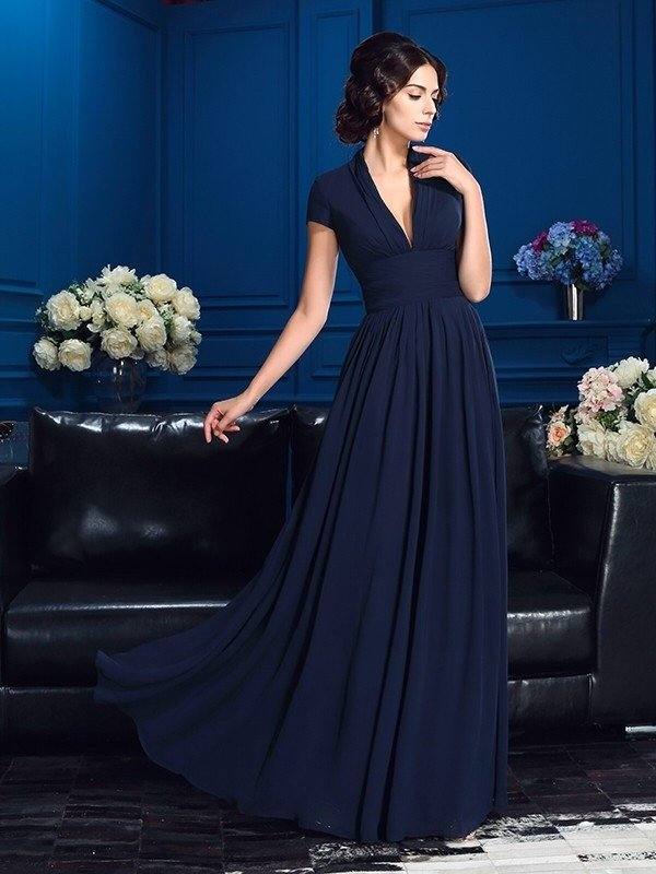 A-Line/Princess V-neck Applique Short Sleeves Long Chiffon Mother of the Bride Dresses - RongMoon