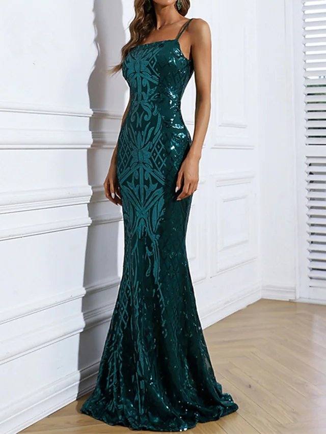 Mermaid / Trumpet Sparkle Sexy Engagement Formal Evening Dress Spaghetti Strap Strapless Sleeveless Sweep / Brush Train Stretch Fabric with Sequin - RongMoon