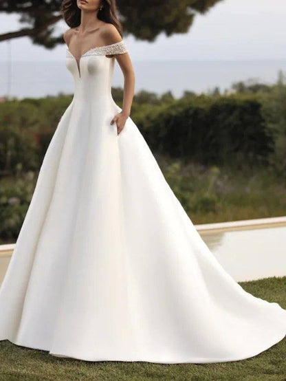 A-Line Wedding Dresses Off Shoulder Court Train Satin Sleeveless Simple with Beading - RongMoon