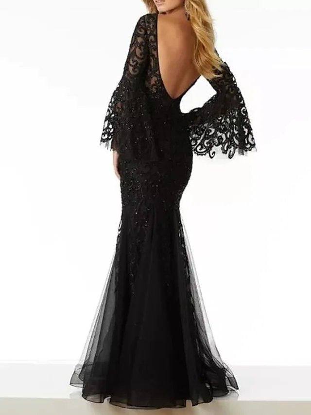 Mermaid / Trumpet Mother of the Bride Dress Elegant Sexy V Neck Floor Length Lace Tulle Long Sleeve with Sequin Appliques - RongMoon
