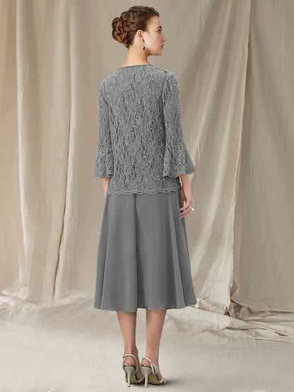Two Piece A-Line Mother of the Bride Dress Elegant Jewel Neck Tea Length Chiffon Lace Sleeveless with Sequin
