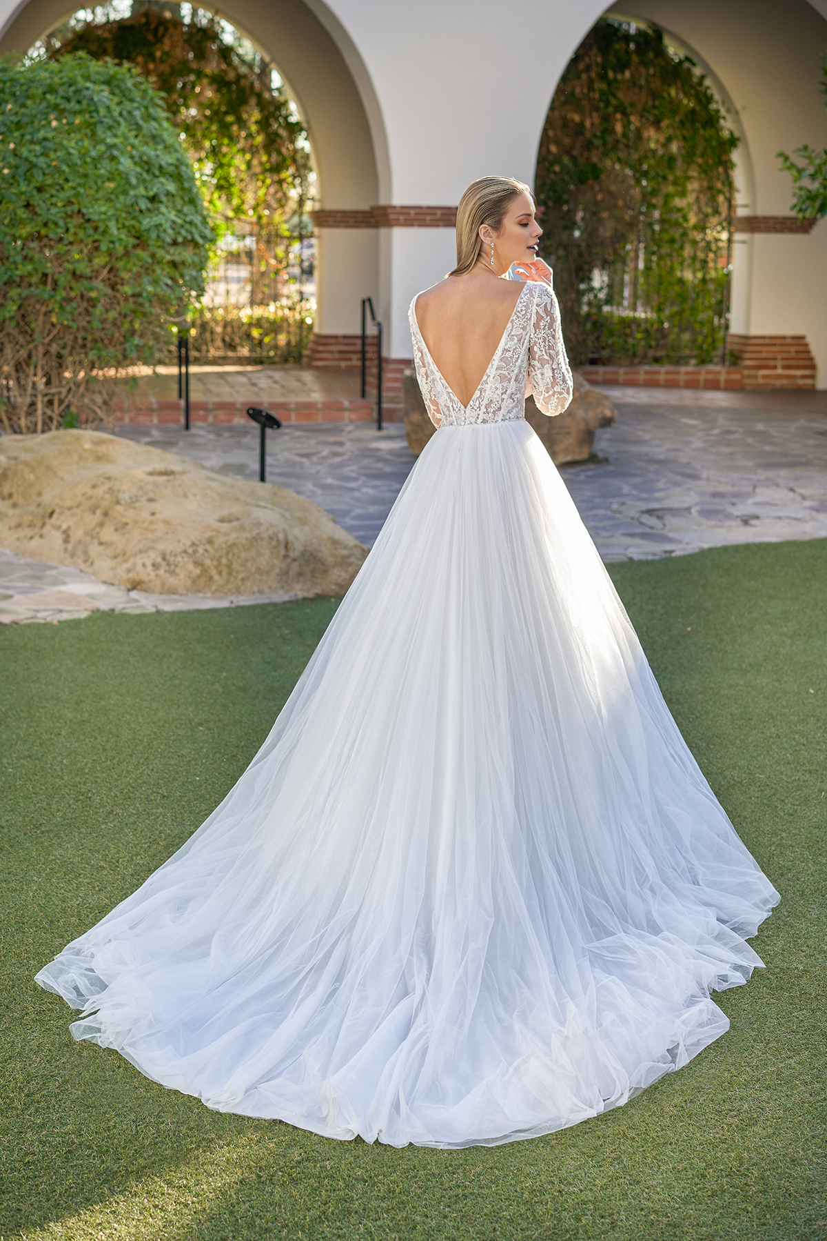 A-line square collar embroidered lace chiffon and floor length wedding dress