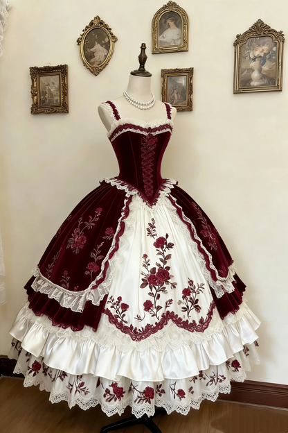 Green and White Rose Rococo Palace Dress gh6781