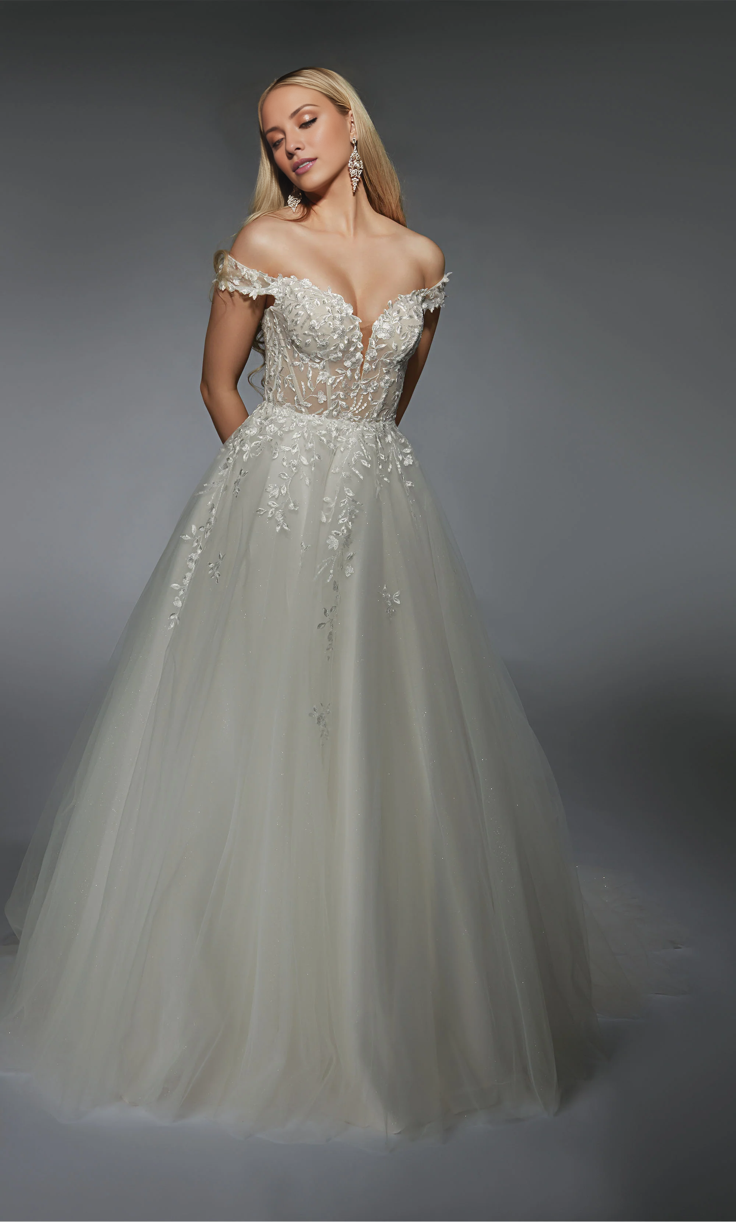 Sheer lace off shoulder phantom lace decal wedding dress