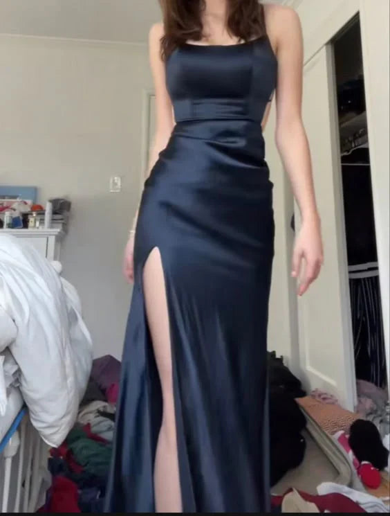 Aimishang Fashion Formal Dresses Spaghetti Straps Satin Long Prom Dress Slit Formal Evening Dress Prom Dresses Shops