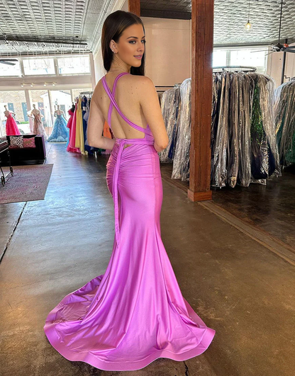 Jimiss deep V-neck cross back long satin slit Prom dress