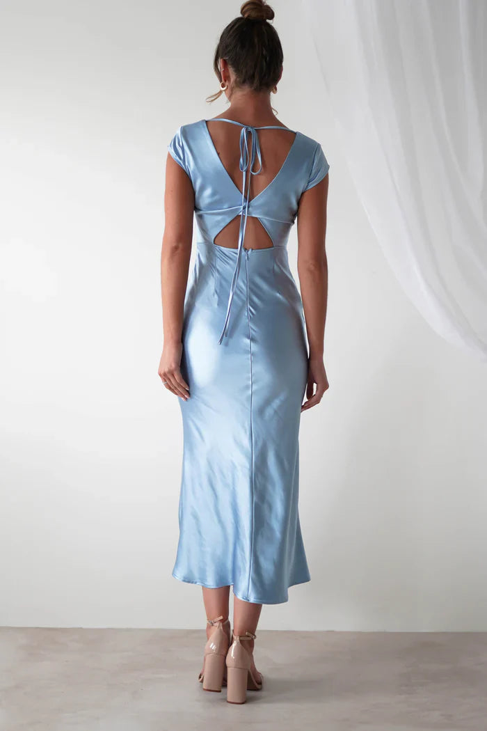 V-neck short sleeved satin long Prom dress - Jimiss Dress
