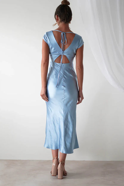 V-neck short sleeved satin long Prom dress - Jimiss Dress